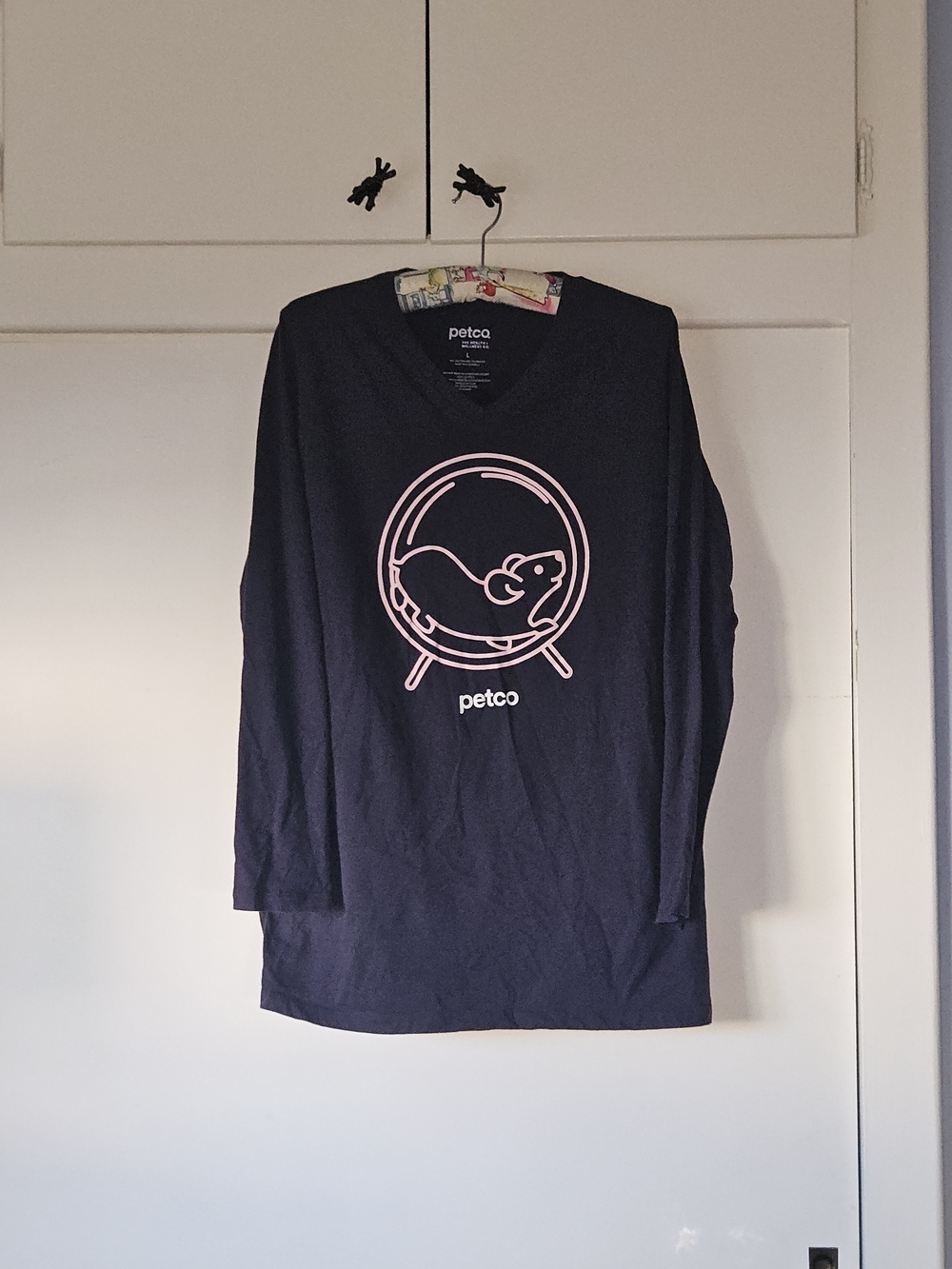 Petco Navy Long-Sleeve V‑Neck Tee with Pink Hamster Wheel Graphic